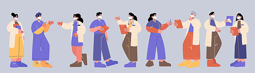 Doctors, nurses, hospital medical staff in face masks. Healthcare and medicine workers in professional uniform. Vector flat set of clinic team, people with stethoscope and clipboard