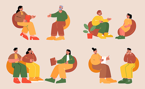 Psychologist and patient meeting on therapy session. Vector flat illustrations of psychotherapist characters counseling people sitting in chairs. Concept of professional mental health consultation