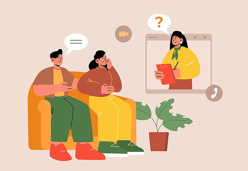 Psychologist and patients meeting on online therapy session. Vector flat illustration of psychotherapist counseling couple by video call. Concept of virtual professional mental health consultation