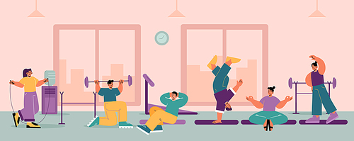Gym interior with people doing sport exercises, yoga, breakdance and fitness. Concept of healthy lifestyle, different activities and workout. Vector flat illustration of with men and women training