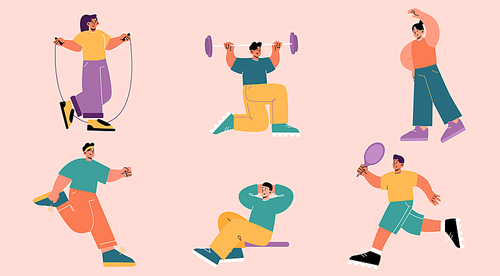 People exercise, sportsmen and sportswomen characters in gym jump with rope, workout with barbel, doing gymnastics, jogging, pumping press and playing tennis, Line art flat vector illustration, set