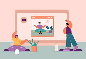 Online yoga classes, women exercise at home front of computer screen, female characters meditate in lotus position, doing asana, watching video. Healthy activity Line art flat vector illustration