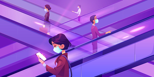 People in medical masks on escalators in mall. Moving staircase, automatic ladder carrying men and women up and down during covid 19 pandemic. Woman with phone on elevator, Cartoon vector illustration