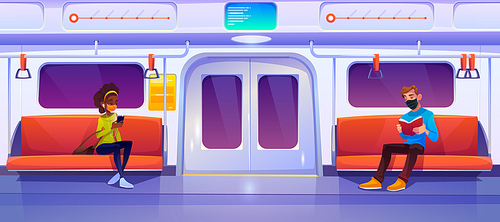 Subway train car with people in masks. Woman with phone and man with book in metro wagon. Vector cartoon illustration of underground railway carriage with sitting passengers that keep social distance