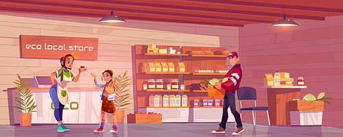 Local eco store with customer, saleswoman and porter. Woman owner giving cupcake to little girl holding shopping bag with products. Grocery shop with ecological production. Cartoon vector illustration