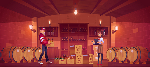 Supplier deliver alcohol production in wine shop, saleswoman take goods, make inventory in cellar interior with wooden barrels, shelves with glass bottles in basement, Cartoon vector illustration