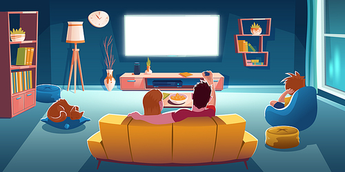 Family sitting on sofa and watch tv in living room at evening. Vector cartoon illustration of lounge room interior with rear view of couple on couch, boy on chair and glowing television screen