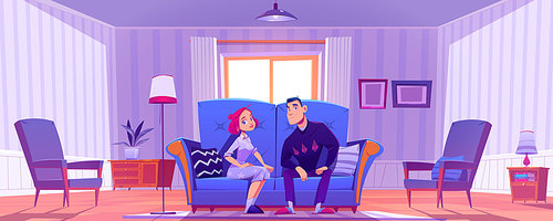 Happy couple, young man and woman sit together on couch in living room. Family relax at home. Vector cartoon illustration of wife and husband on blue sofa in vintage lounge interior