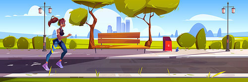 Young woman run in town park at morning. Vector cartoon illustration with cityscape, trees and runner girl in headphones. Concept of healthy lifestyle, fitness outdoor and jogging