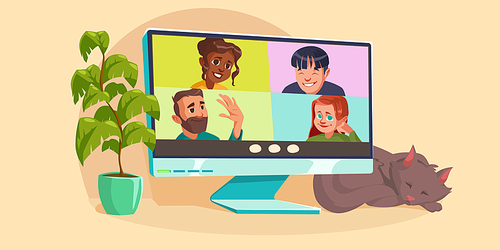 Virtual online video conference on computer desktop with people group chatting. Home Pc with sleeping cat and plant. Business colleagues or friends meeting, distant communication, Cartoon illustration