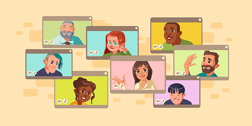 Diverse people virtual online video conference, multiple computer screens with multiracial characters chatting. Business colleagues or friends meeting, distant communication, Cartoon illustration