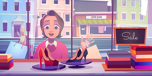 Woman at store window, excited young lady stand with open mouth at shop showcase admire fashioned shoes on high heels, shopping sale in boutique, customer girl character, Cartoon vector illustration