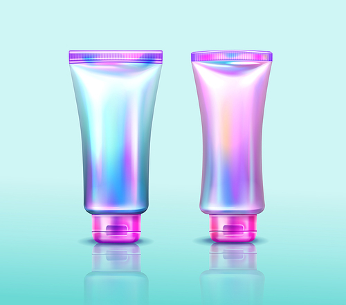 Holographic cosmetics package, iridescent tubes for hand cream, cosmetic beauty product or makeup containers with pink caps and shiny hologram surface design, Realistic 3d vector illustration, mockup