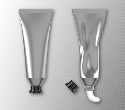 Silver tube package with hand cream, toothpaste or white paint isolated on transparent . Vector realistic mockup of 3d blank aluminium container with black cap