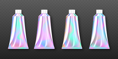 Holographic tube package for cosmetics, hand cream or skin care products. Vector realistic mockup of 3d blank containers with iridescent hologram  and white cap isolated on transparent