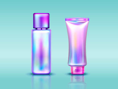 Holographic cosmetics package, tube and bottle with hand cream, makeup or skin care products. Vector realistic mockup of 3d blank containers with iridescent hologram  on blue background