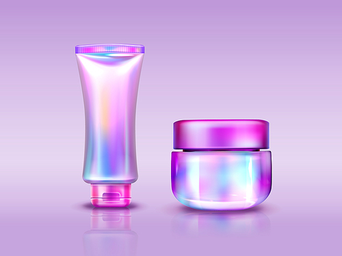 Holographic cosmetics package, iridescent tube and jar for cream, cosmetic beauty product packs, makeup containers with pink caps and shiny hologram surface design, Realistic 3d vector isolated mockup