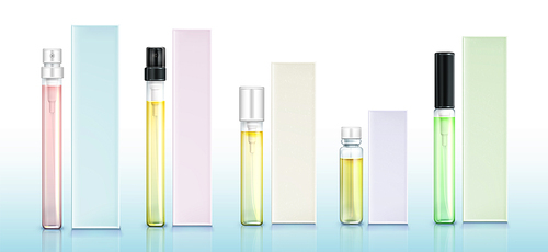 Perfume sample bottles and boxes mockup set, fragrance in small vials with pumps and bungs. Beauty aroma products, cosmetics scent and package, perfumery collection Realistic 3d vector illustration
