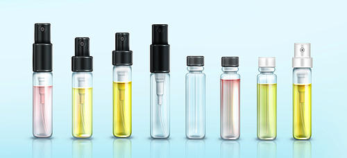 Perfume sample bottles mockup set, fragrance in small vials with pumps and bungs. Beauty aroma products, cosmetics scent full and empty package, perfumery collection Realistic 3d vector illustration
