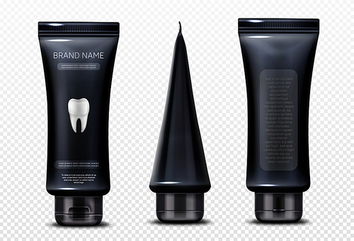 Black tube with toothpaste isolated on transparent background. Vector realistic mockup of paste for dental clean and oral hygiene in black plastic package front, side and back view