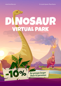 Dinosaur virtual park flyer. VR technologies, augmented reality with ancient reptiles. Vector poster with cartoon landscape of jurassic era with dino characters and volcano