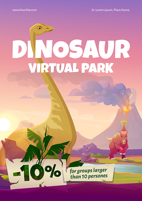 Dinosaur virtual park flyer. VR technologies, augmented reality with ancient reptiles. Vector poster with cartoon landscape of jurassic era with dino characters and volcano