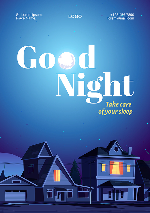 Good night poster with houses and moon in dark sky. Vector cartoon landscape of city street with suburban cottages at evening. Template of flyer for better care of sleep