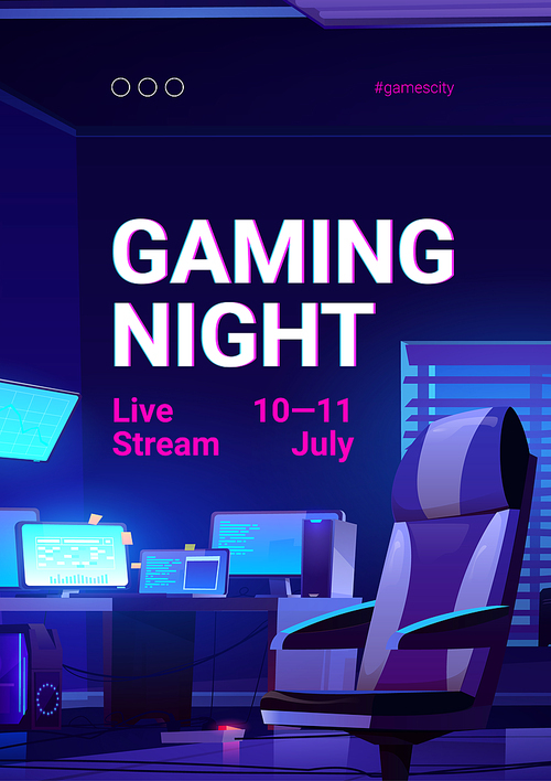 Gaming night poster, video game live stream. Vector banner of online multiplayer tournament with cartoon illustration of players room with chair, computer and monitors on desk