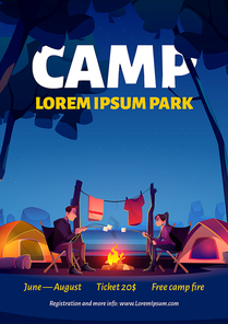 Summer camp in nature park poster. Vector flyer with cartoon landscape of river, forest, tents and people roast marshmallows on fire. Campsite banner with bonfire on lake shore