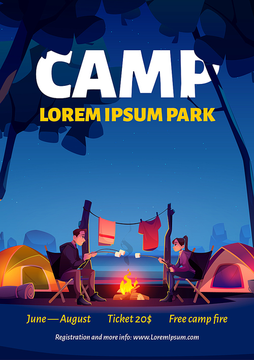 Summer camp in nature park poster. Vector flyer with cartoon landscape of river, forest, tents and people roast marshmallows on fire. Campsite banner with bonfire on lake shore