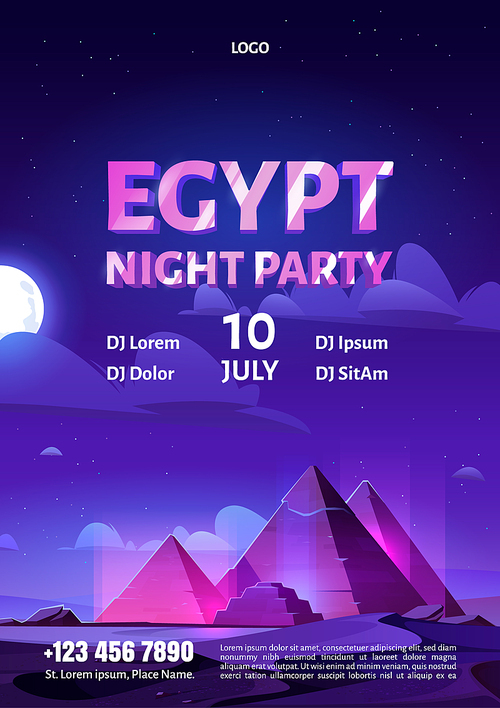 Egypt night party cartoon flyer with glow pyramids in dark desert with moon. Invitation for egyptian style entertainment, disco with dj musical performance, vector illustration, advertising poster