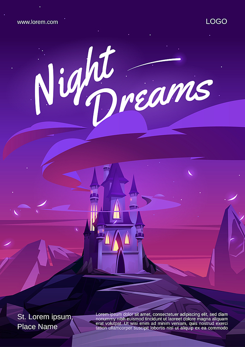 Night dreams cartoon poster with magic castle with glow windows on mountain top at nighttime. Fairytale palace under dark pink or purple sky with stars. Fantasy medieval fotress, flyer, vector banner