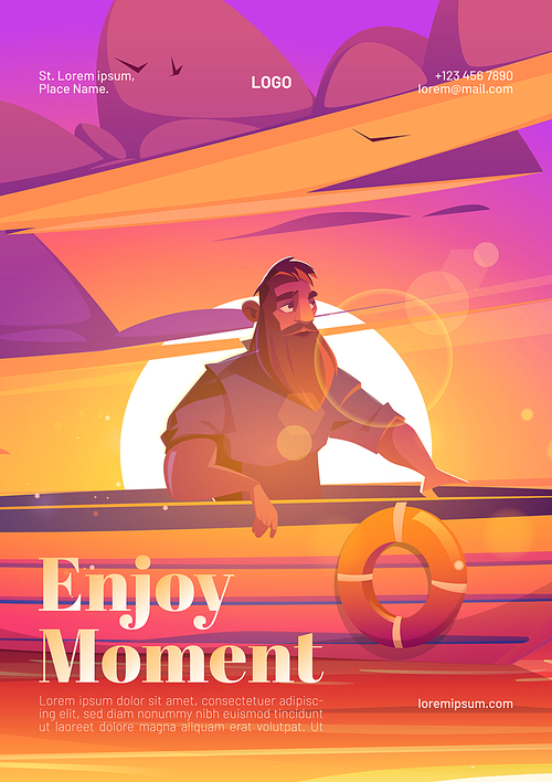 Enjoy moment poster with man in boat on sunset background. Vector flyer of tranquility rest at nature with cartoon illustration of lake, sun and person with beard in boat