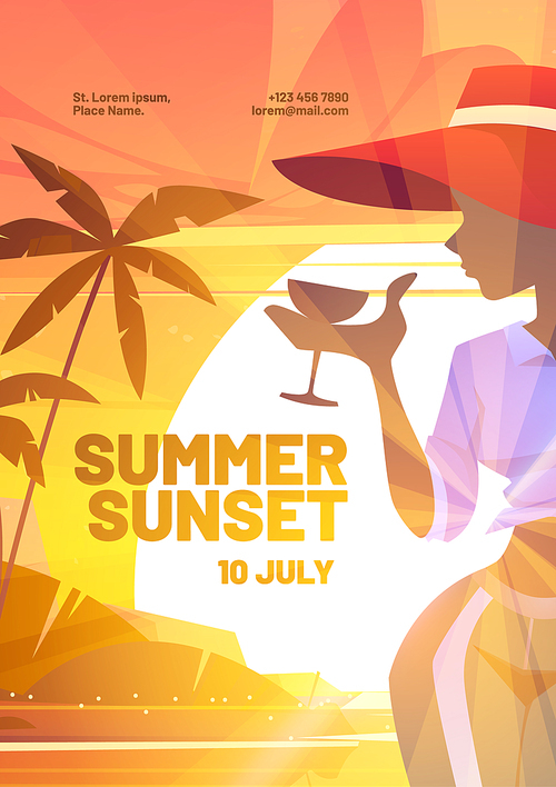 Summer sunset poster with silhouette of woman in hat with cocktail on background of sun. Vector invitation flyer of beach party with cartoon illustration of girl with drink on sea coast and palm trees