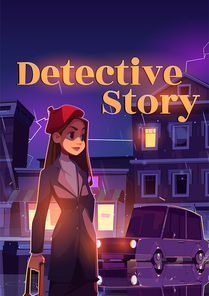 Detective story cartoon poster, young woman on night rainy street in town with car going along illuminated road with glow windows, water puddles and flash lightning in dark sky, vector illustration