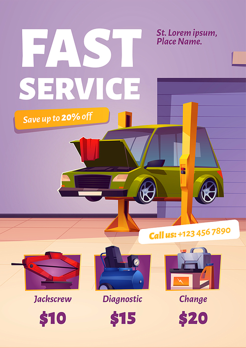 Fast car service poster. Flyer of auto maintenance, diagnostic and repair center with prices and contacts. Vector cartoon interior of mechanic garage, vehicle workshop with vehicle on lift