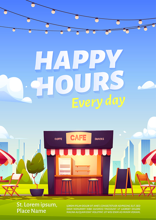 Happy hours ad poster with outdoor cafe with coffee and snacks. Wooden booth, tables, chairs and umbrella, plants and chalkboard menu, street food cafeteria every day promo Cartoon vector illustration