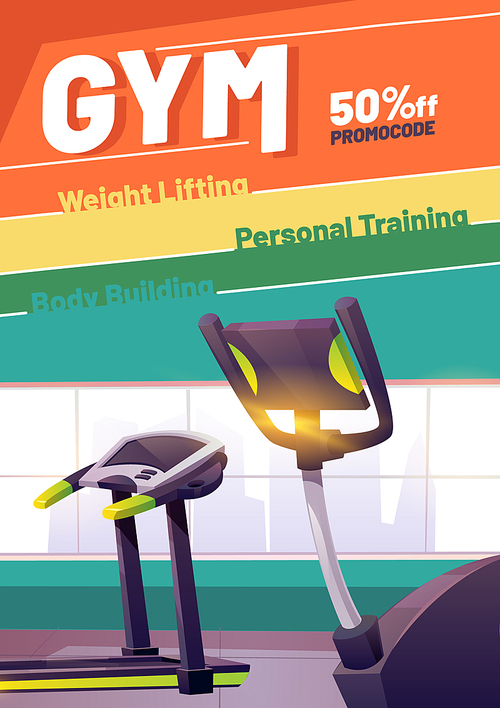 Gym cartoon poster with treadmill. Promotional flyer with promocode for weight lifting, body building or personal training. Special offer for sports activity and healthy lifestyle, Vector illustration