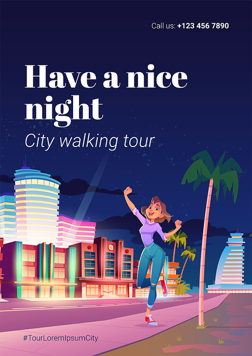 City walking tour poster. Travel concept, vacation with night walks. Vector flyer with cartoon illustration of happy woman tourist on street of town with buildings, palm tree and road at evening