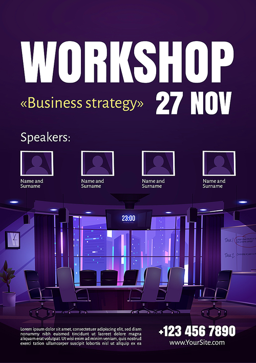 Business strategy workshop poster. Flyer template for education public event, seminar or conference with speakers. Vector illustration of empty boardroom interior with table, chairs and screen