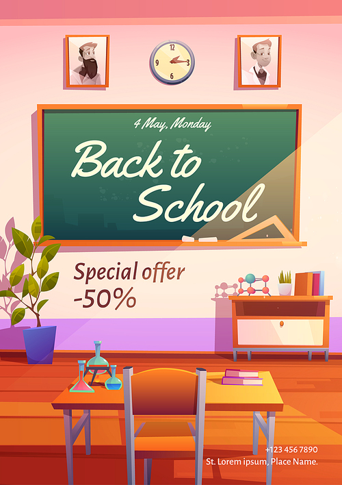 Back to school poster. Flyer with special offer for education and study. Vector cartoon illustration of classroom with text on green chalkboard, desk with chair and books