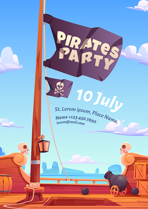 Pirates party flyer, invitation for adventure game or event. Vector poster with cartoon illustration of sea, pirate ship wooden deck with cannon and black flag with skull