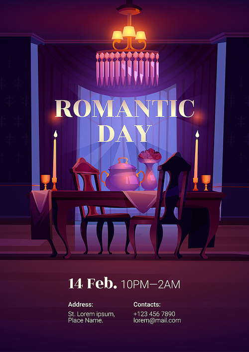 Valentines day flyer. Romantic dinner for couple on date or holiday celebration. Vector cartoon poster with dining table, chairs, candles, flowers and chandelier in empty restaurant room