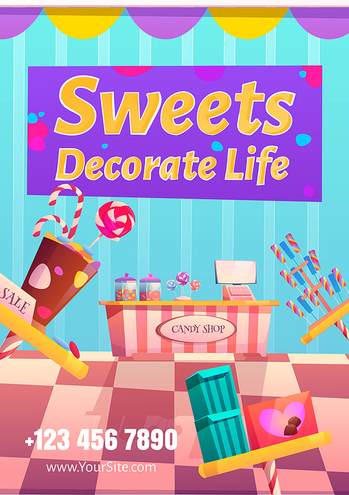 Candy shop flyer. Sweets decorate life concept. Vector poster with cartoon illustration of sweets store interior with cashbox, counter, lollipops and confectionery