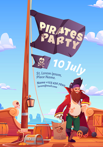 Pirates party flyer, invitation for adventure game or event. Vector poster with cartoon illustration of sea, pirate ship wooden deck with cannon and black flag with skull