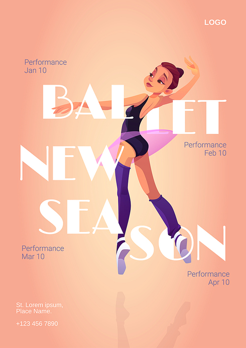 Ballet new season cartoon poster with ballerina, invitation flyer to performance with dancer girl in tutu and pointe shoes stand in dance position. Artist choreography event vector advertising banner
