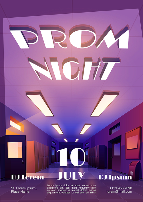 Prom night cartoon invitational poster to graduation party or disco with empty dark school corridor, college or university hallway with glow lams perspective view. Bachelor celebration vector flyer