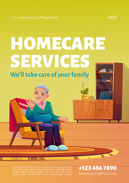 Homecare services poster. Concept of social aid and care for old patients at home. Vector flyer with cartoon illustration of happy elder man sitting in armchair in his house