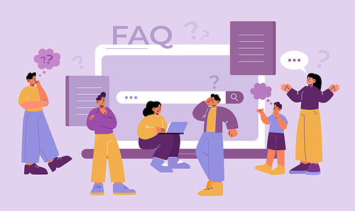 Pensive people ask questions, search answers online. Vector flat illustration of FAQ page with curious and puzzled characters, laptop, question marks and speech bubbles