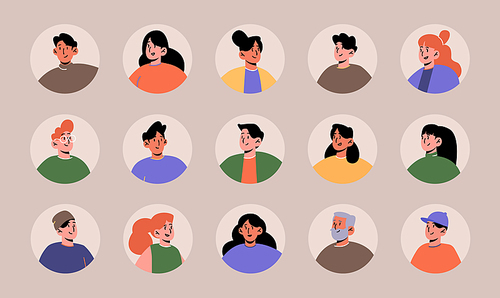 avatars set with people face for social media or profile in app. vector flat collection of men and women heads in circle , female and male characters portraits with different hairstyle